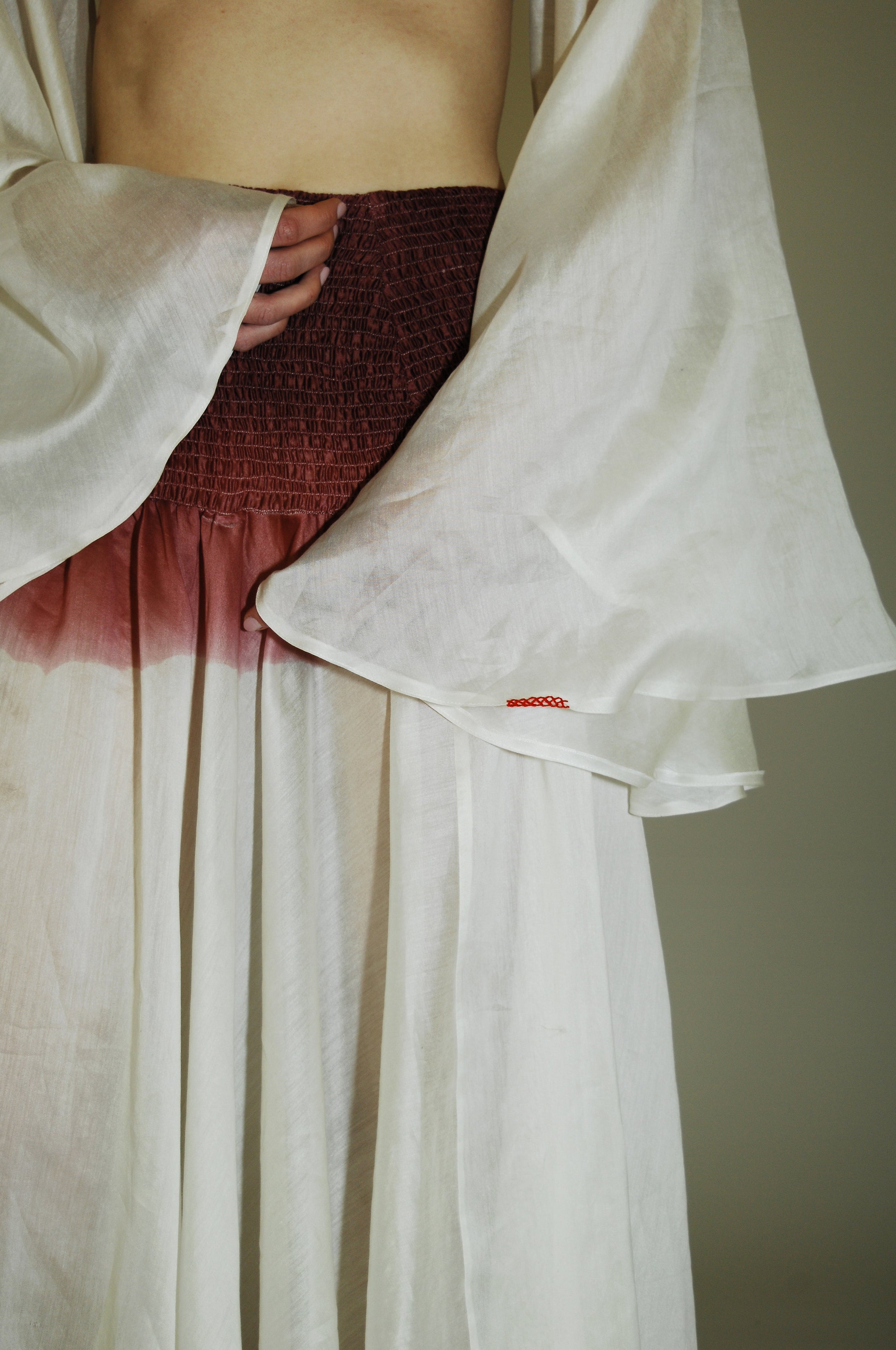 RoubaG Fashion-forward summer ensemble - Hand-dyed Chanderi silk - Esme smocked waistline - Burgundy tones