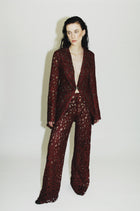 Tailored jacked with ensemble featuring a heart-inspired textile on the jacket and pants - Burgundy