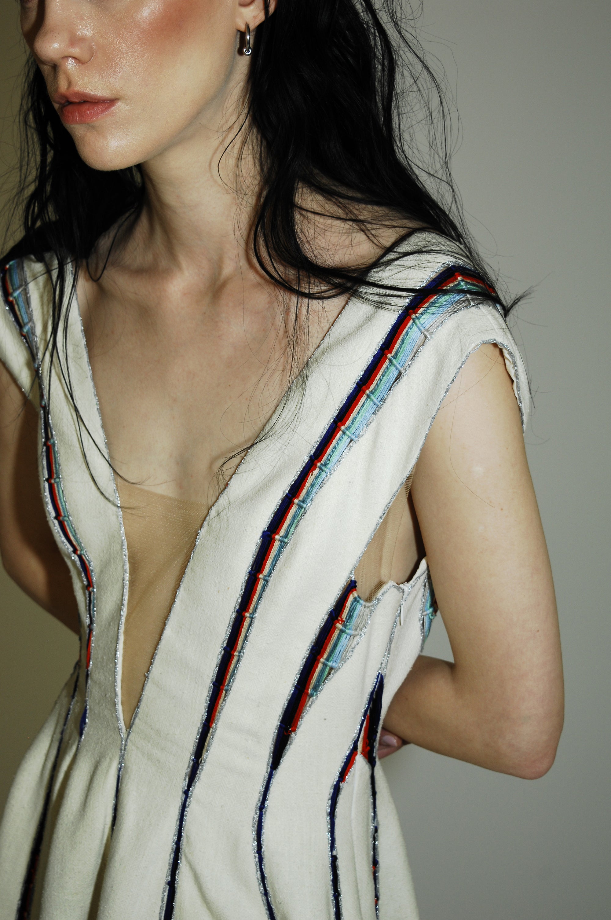 White handwoven in india off-the-shoulder V-neckline wedding silk dress