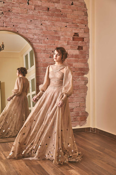 RoubaG's Lace Dress with Gold Lace Underlayer and Adjustable Sleeves
