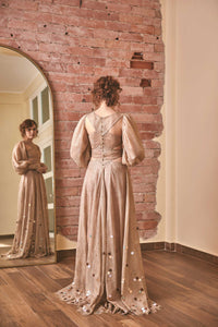 RoubaG's Lace Dress with Gold Lace Underlayer and Adjustable Sleeves
