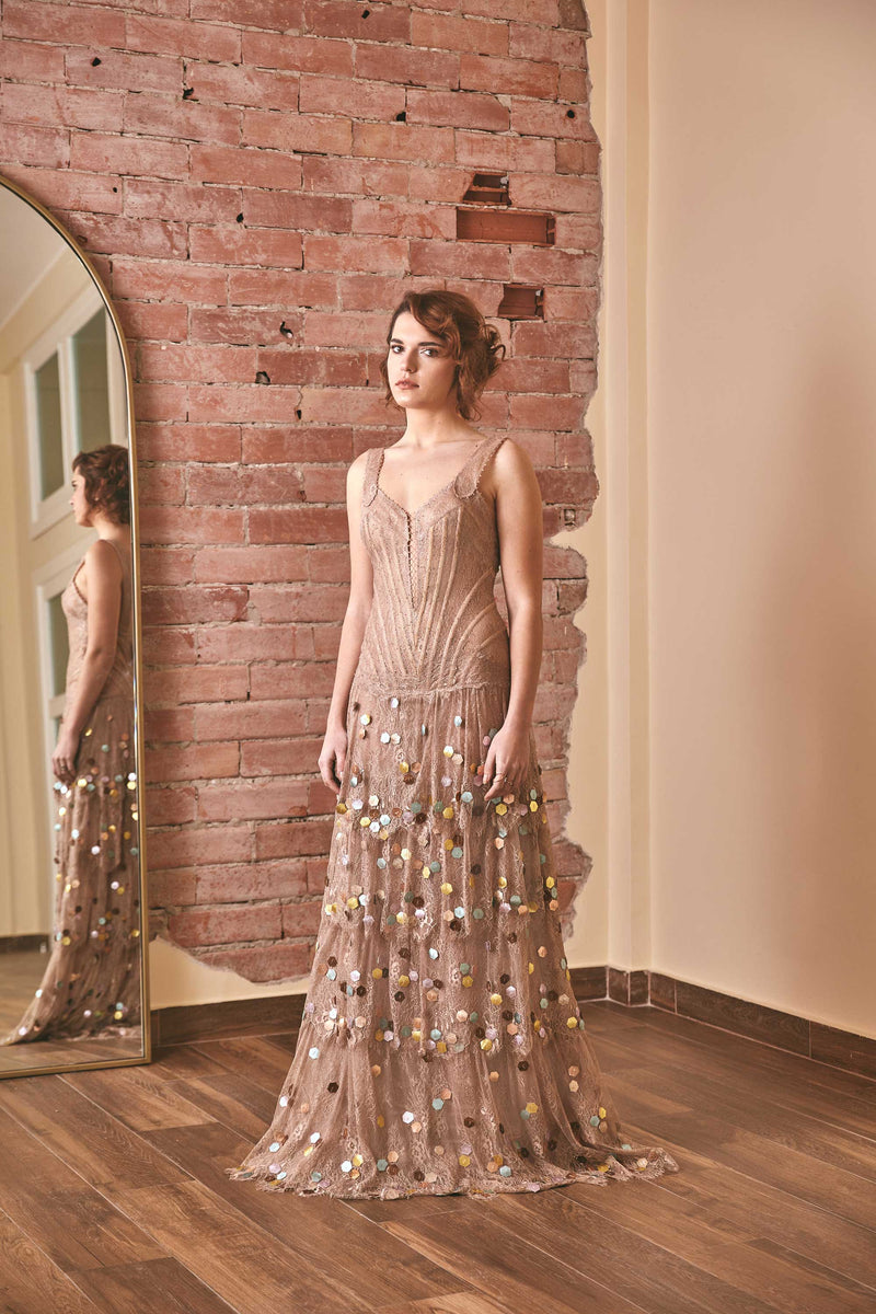 RoubaG's Gold Lace Dress with Corset Top and Leather Embellishments