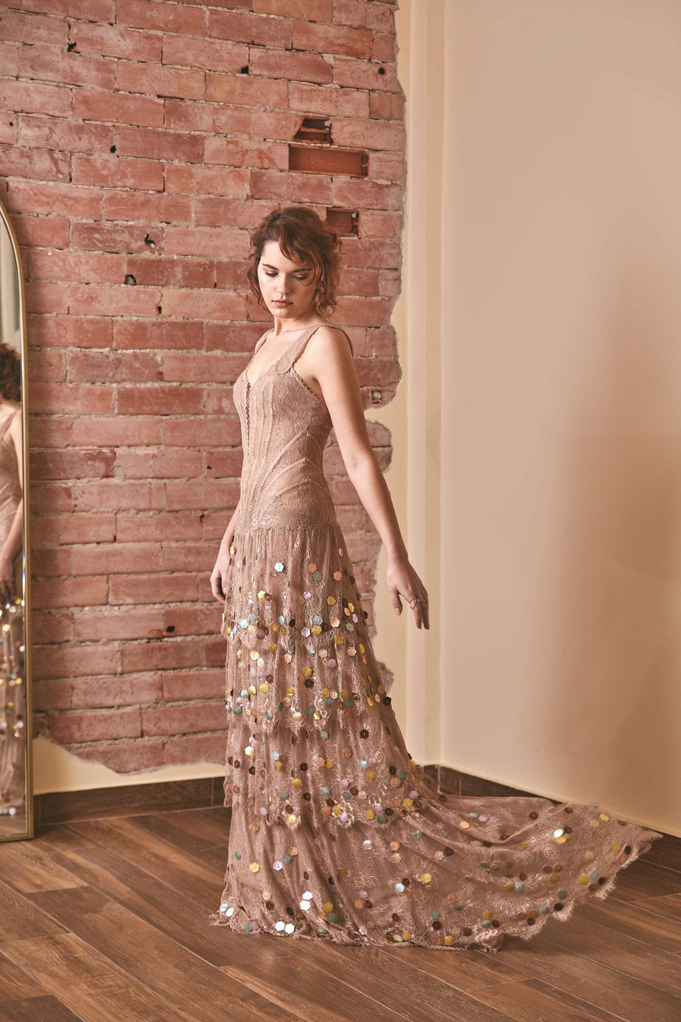 RoubaG's Gold Lace Dress with Corset Top and Leather Embellishments