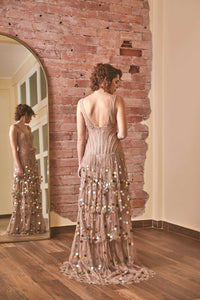 RoubaG's Gold Lace Dress with Corset Top and Leather Embellishments