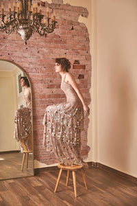 RoubaG's Gold Lace Dress with Corset Top and Leather EmbellishmentsRoubaG's Gold Lace Dress with Corset Top and Leather Embellishments