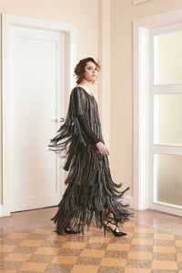 Black full fringe long sleeved lace dress - a fashion-forward statement for parties and events