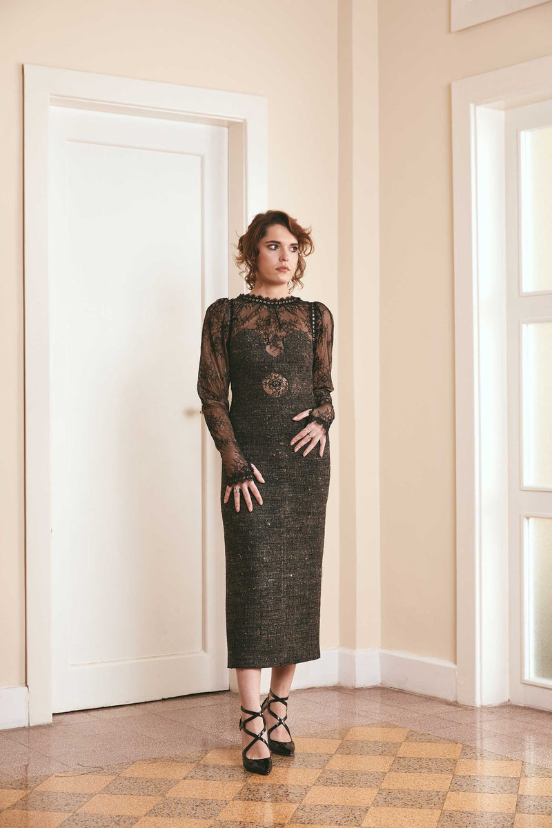 Black two-toned dress with Balkal silk, handwoven in Bihar, puffy sleeves, and tight silhouette