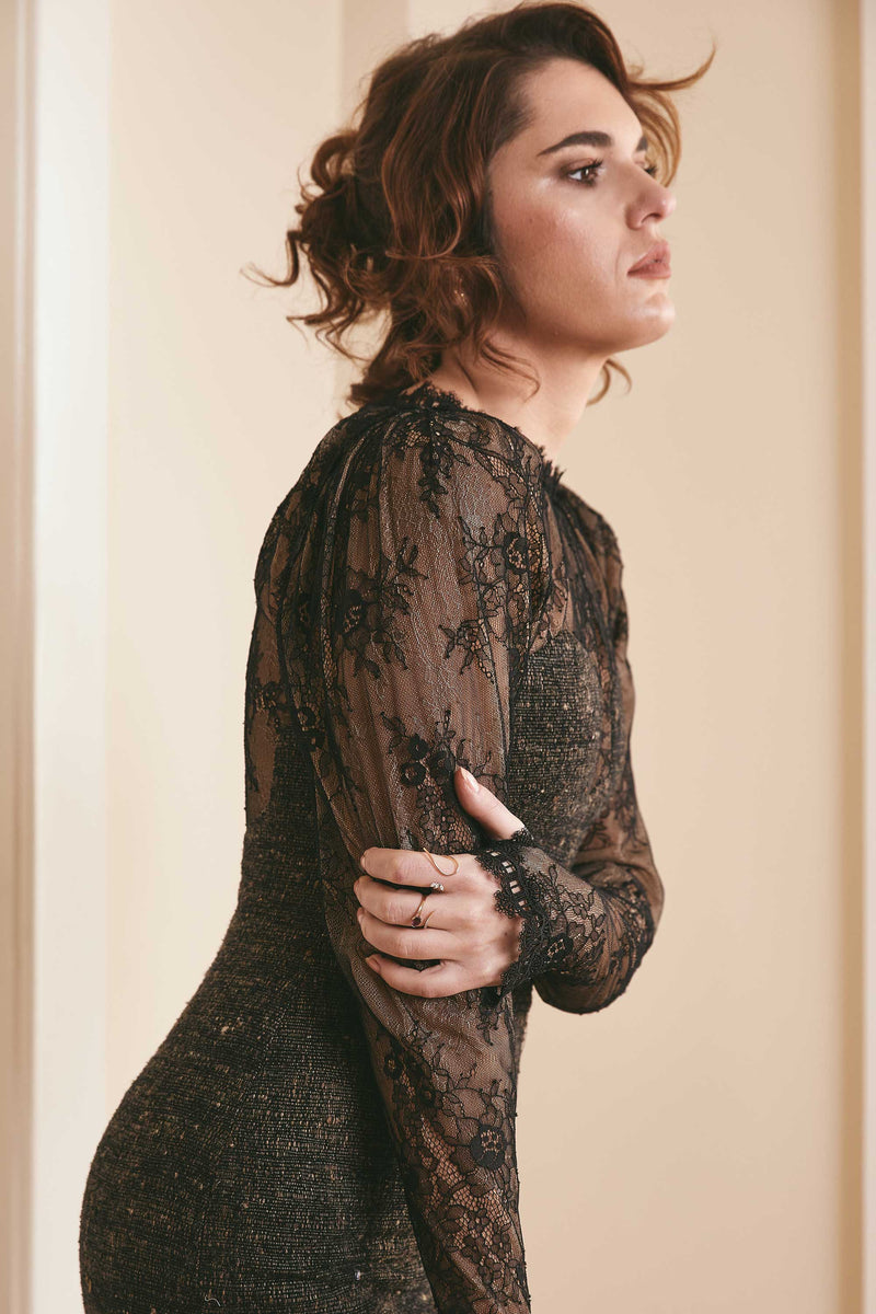 Black two-toned dress with Balkal silk, handwoven in Bihar, puffy sleeves, and tight silhouette