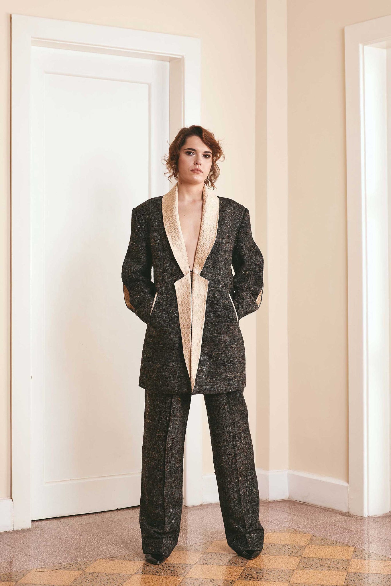 Couture Wedding Suit: Black and Gold Plain Woven Wool Silk Suit with Masculine Jacket - Handwoven in Bihar