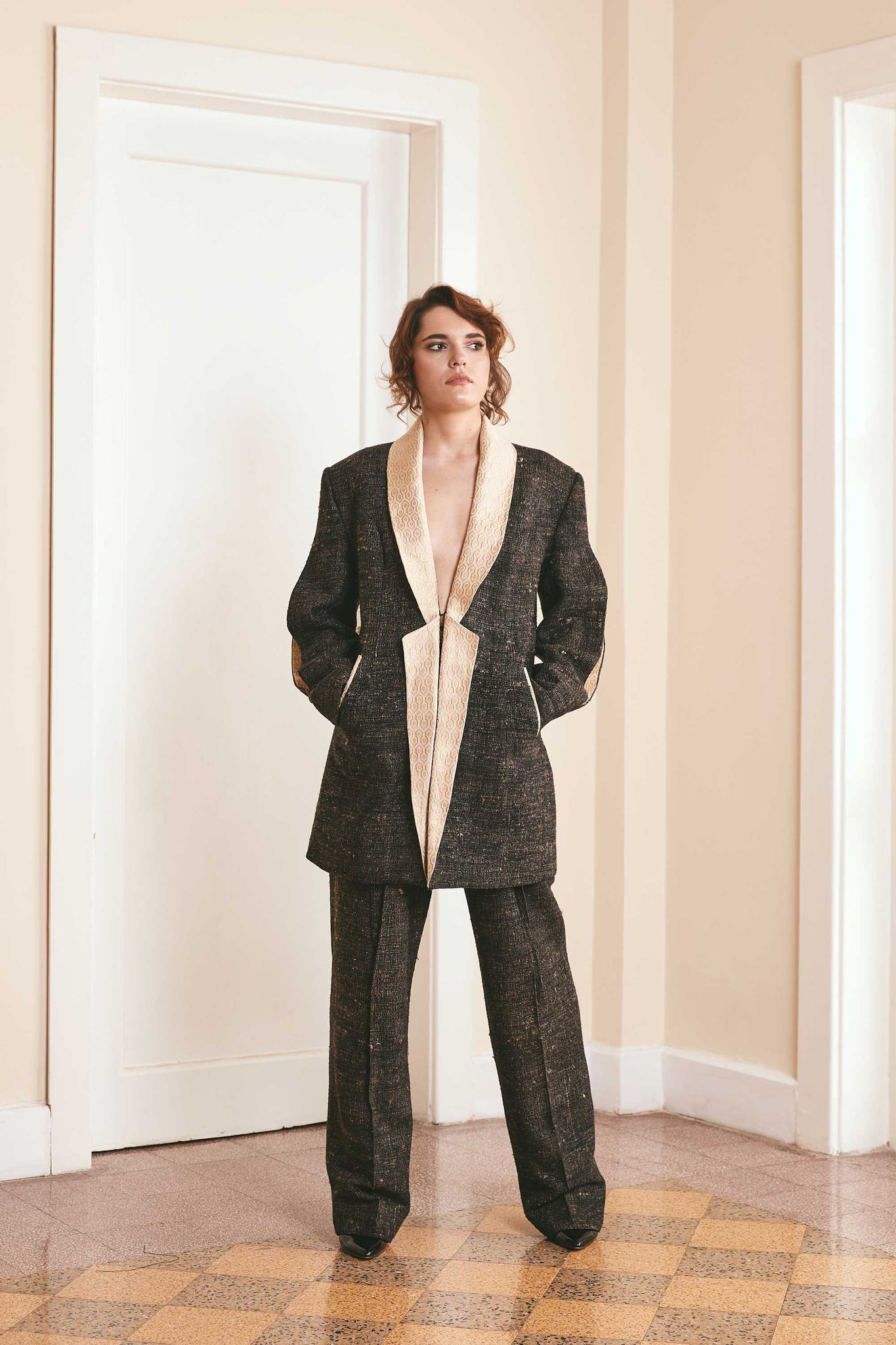 Couture Wedding Suit: Black and Gold Plain Woven Wool Silk Suit with Masculine Jacket - Handwoven in Bihar