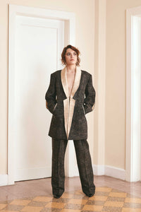 Couture Wedding Suit: Black and Gold Plain Woven Wool Silk Suit with Masculine Jacket - Handwoven in Bihar