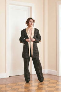 Couture Wedding Suit: Black and Gold Plain Woven Wool Silk Suit with Masculine Jacket - Handwoven in Bihar