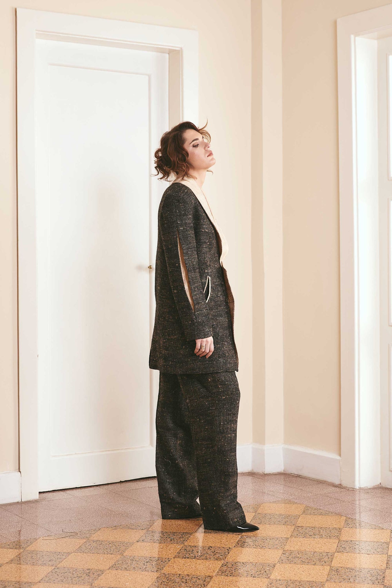 Couture Wedding Suit: Black and Gold Plain Woven Wool Silk Suit with Masculine Jacket - Handwoven in Bihar