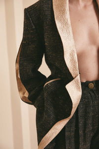 Couture Wedding Suit: Black and Gold Plain Woven Wool Silk Suit with Masculine Jacket - Handwoven in Bihar