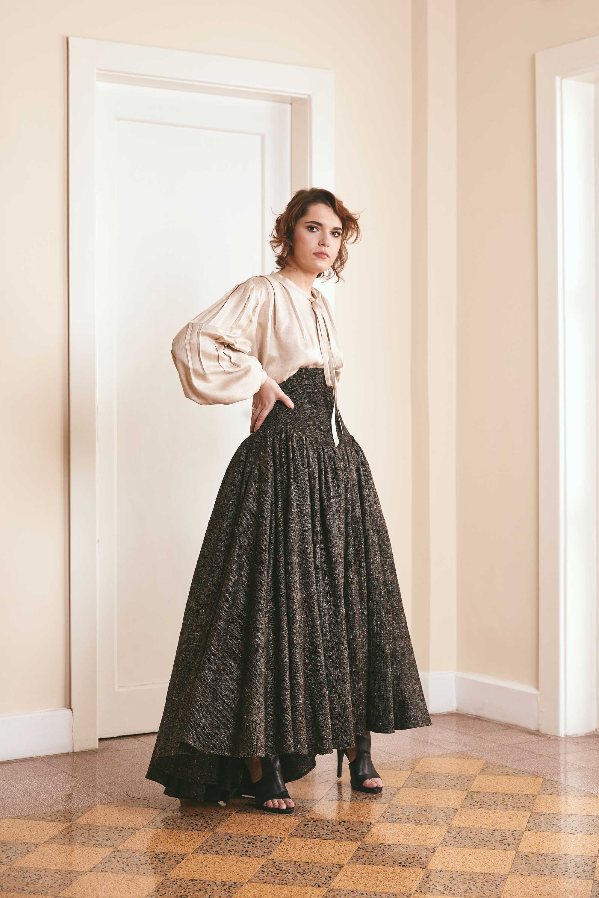 Ethical fashion choice: Handwoven Balkal silk skirt with corset waist and wide flare in black and beige