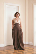 Sustainable fashion choice: Distorted brown wool pants with corset waist and side pockets - Ethical clothing option for conscious consumers