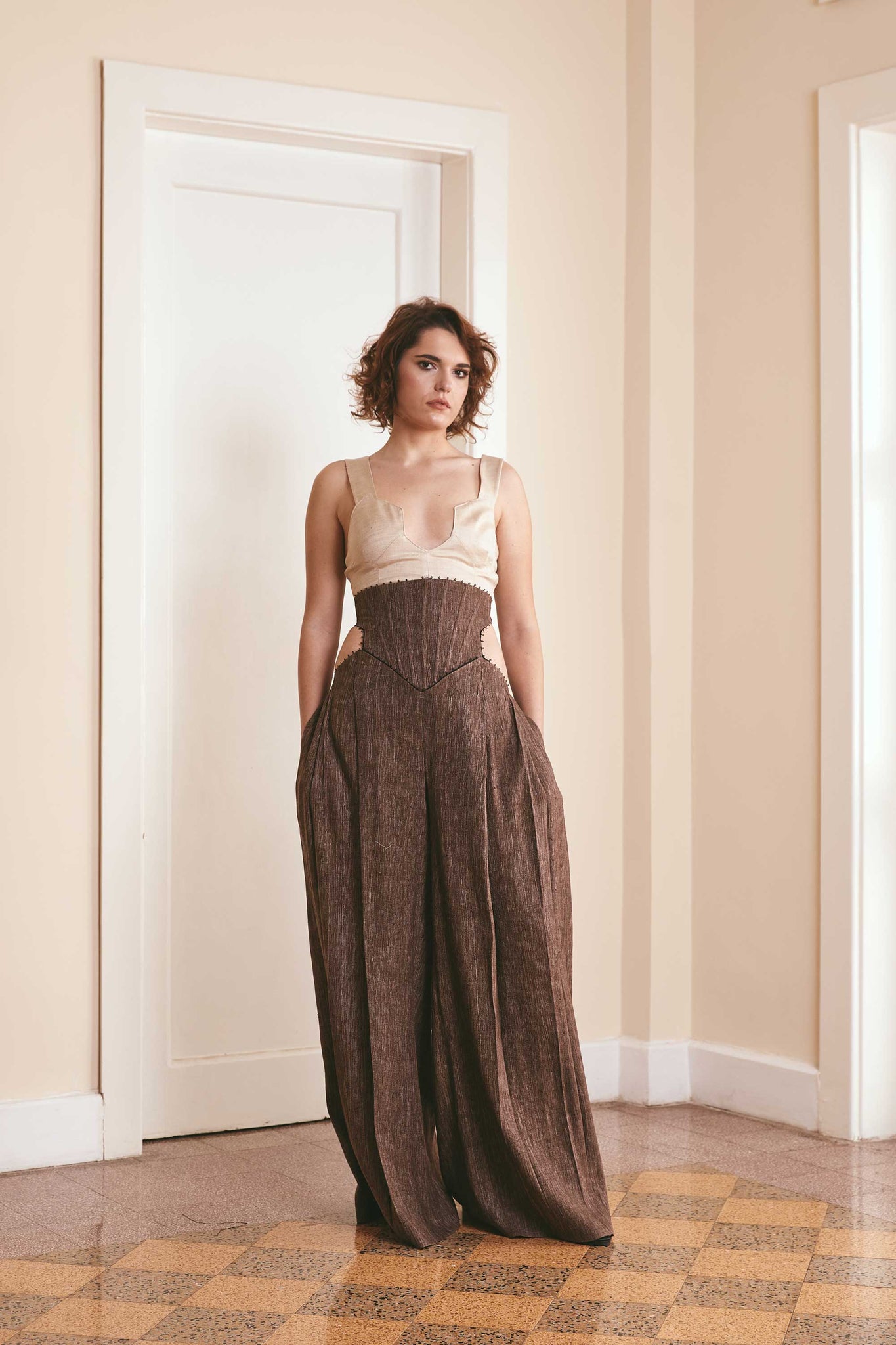 Sustainable fashion choice: Distorted brown wool pants with corset waist and side pockets - Ethical clothing option for conscious consumers
