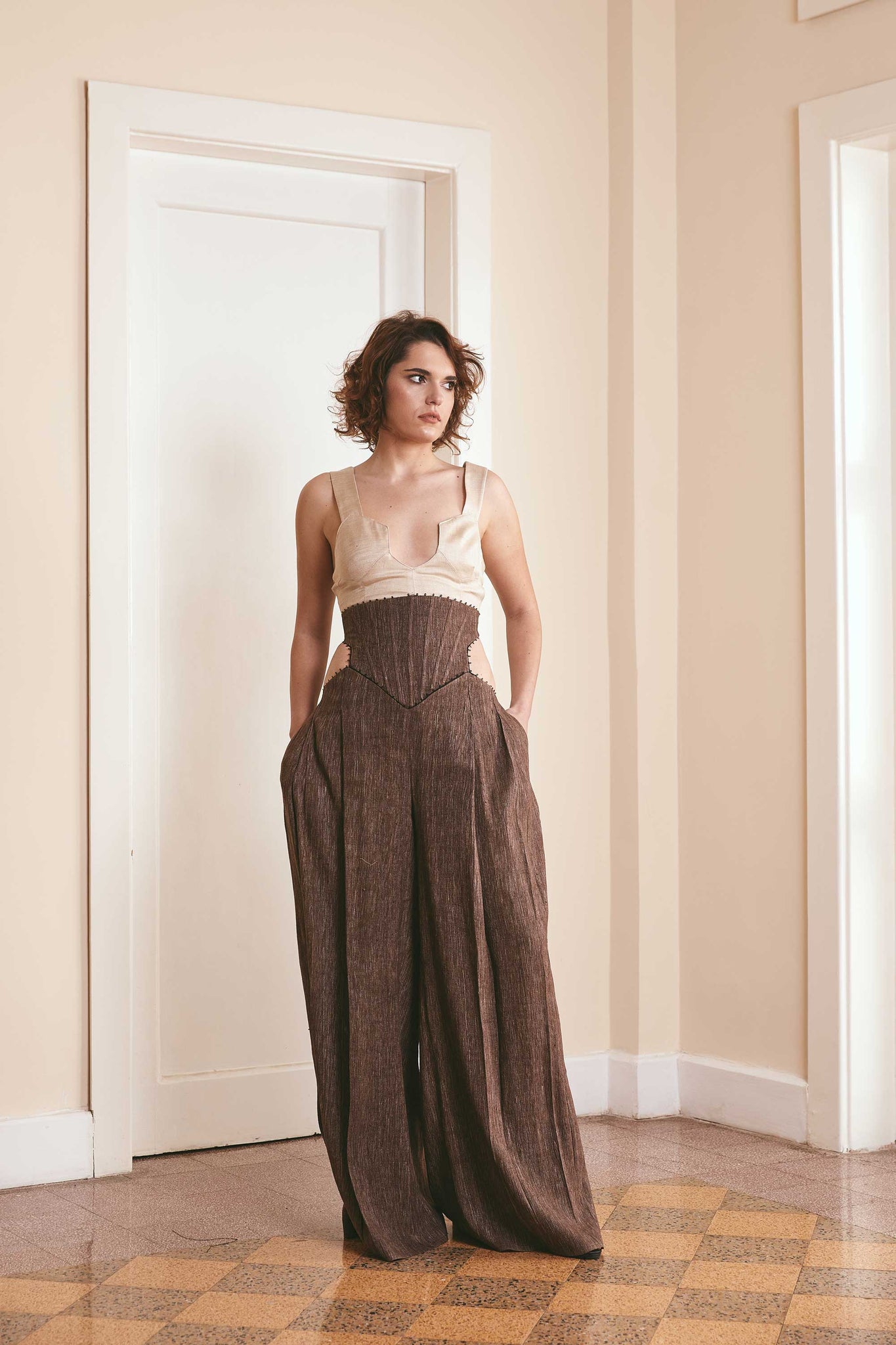 Sustainable fashion choice: Distorted brown wool pants with corset waist and side pockets - Ethical clothing option for conscious consumers