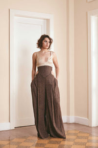 Sustainable fashion choice: Distorted brown wool pants with corset waist and side pockets - Ethical clothing option for conscious consumers