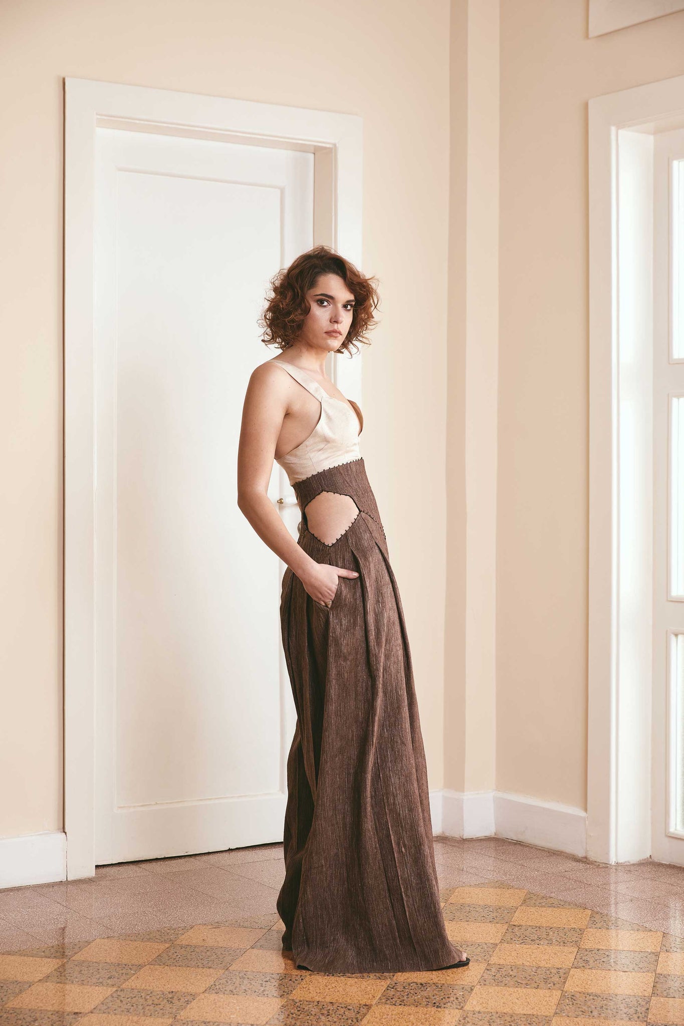 Sustainable fashion choice: Distorted brown wool pants with corset waist and side pockets - Ethical clothing option for conscious consumers