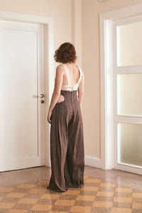 Sustainable fashion choice: Distorted brown wool pants with corset waist and side pockets - Ethical clothing option for conscious consumers
