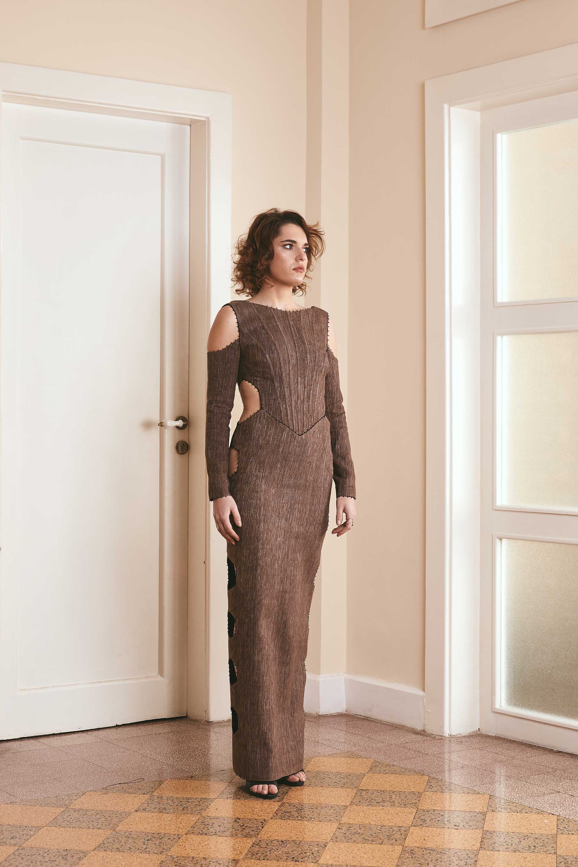 Long Straight Silk Dress with Open Sides and Corset Top - Tussah Gheecha Noilde, Bihar Sourced Handwoven Fabric - Black and Brown Customizable