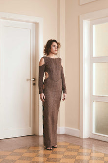 Long Straight Silk Dress with Open Sides and Corset Top - Tussah Gheecha Noilde, Bihar Sourced Handwoven Fabric - Black and Brown Customizable