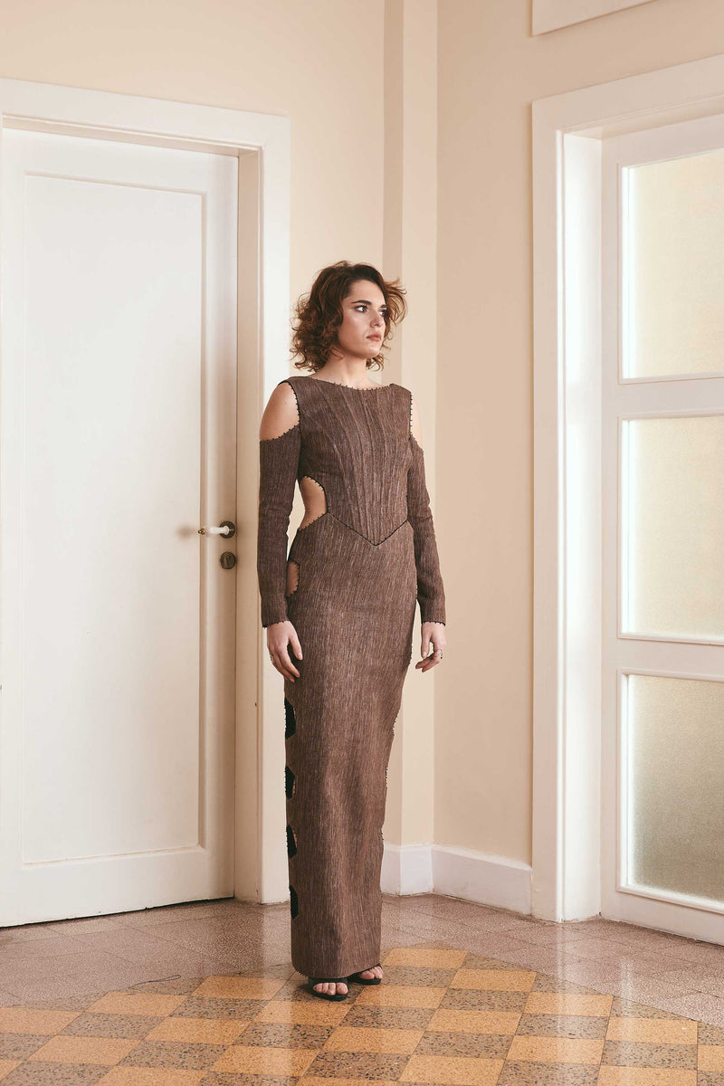 Long Straight Silk Dress with Open Sides and Corset Top - Tussah Gheecha Noilde, Bihar Sourced Handwoven Fabric - Black and Brown Customizable