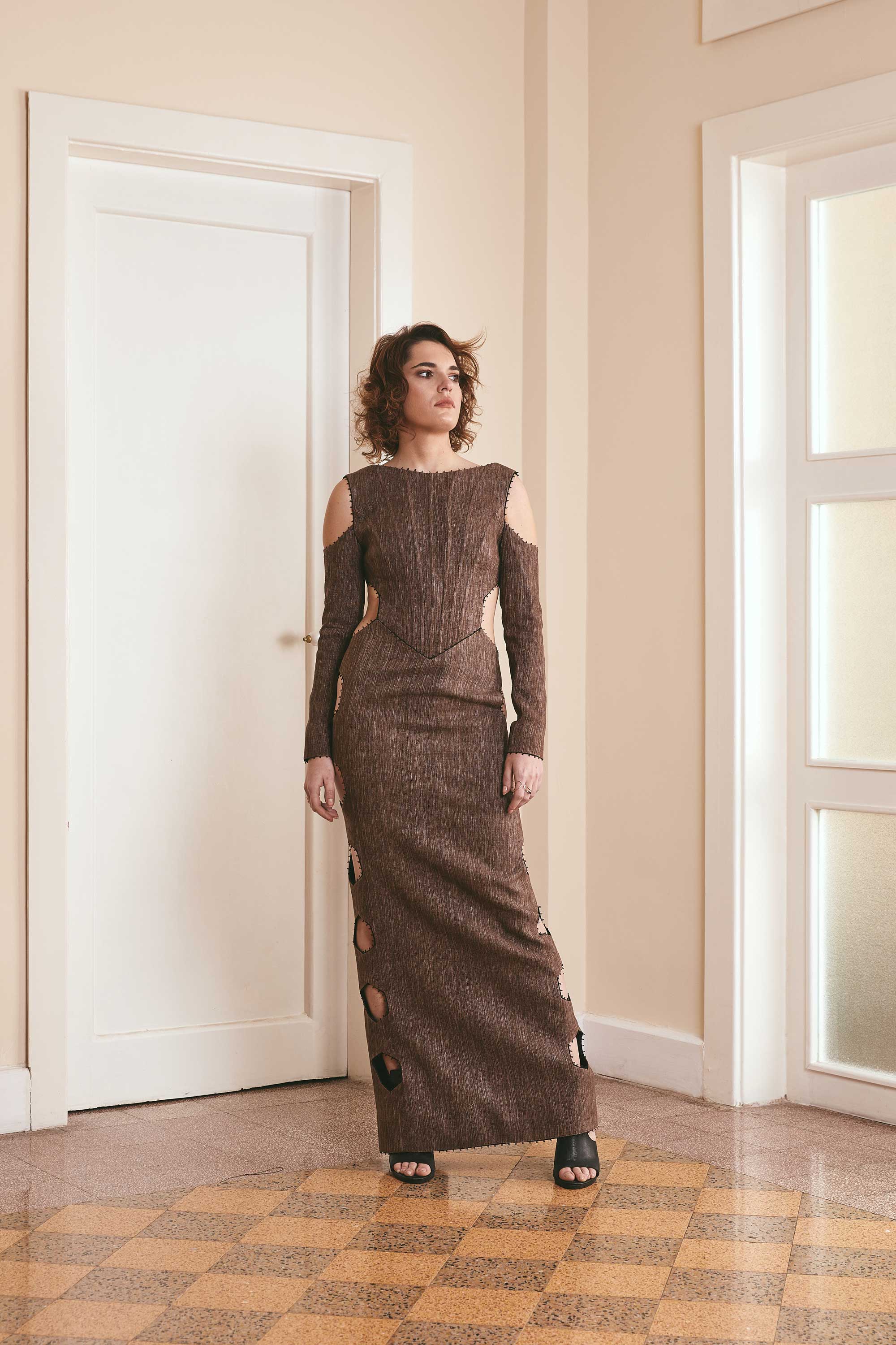 Long Straight Silk Dress with Open Sides and Corset Top - Tussah Gheecha Noilde, Bihar Sourced Handwoven Fabric - Black and Brown Customizable