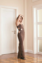 Brown sleeveless evening dress with cut outs - Unique formal gown for women