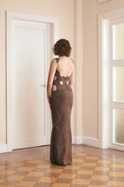 Brown sleeveless evening dress with cut outs - Unique formal gown for women