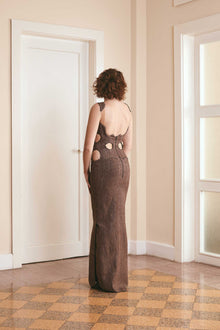 Brown sleeveless evening dress with cut outs - Unique formal gown for women